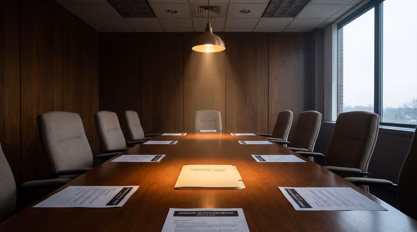 A canceled meeting room with empty chairs and printed agendas still set at each seat, with a single claim folder placed squarely in the center of the table, caught in a beam of light from a ceiling fixture.