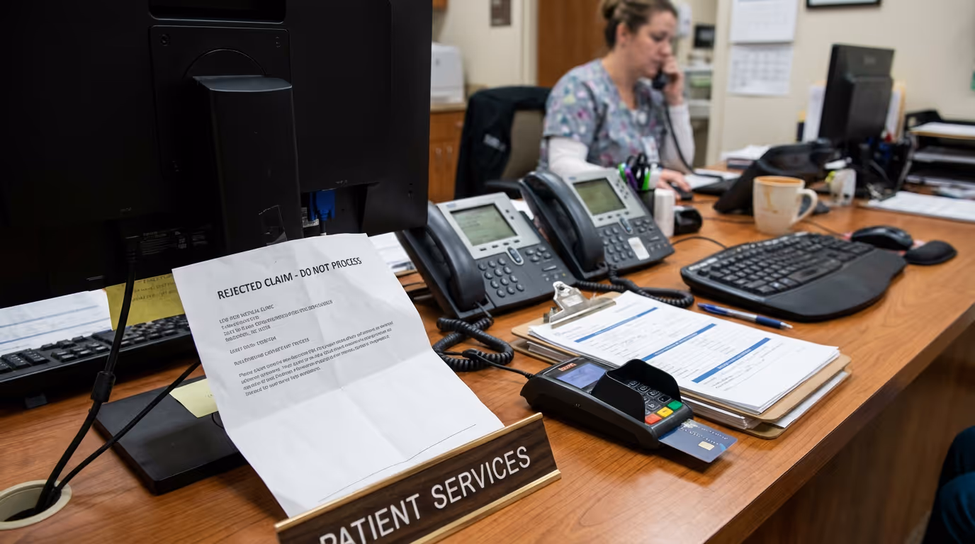 A front-desk area where a rejected-claim printout is propped up against a monitor stand in the foreground, while just behind it, phones, check-in clipboards, and a card reader show the active multi-tasking environment.