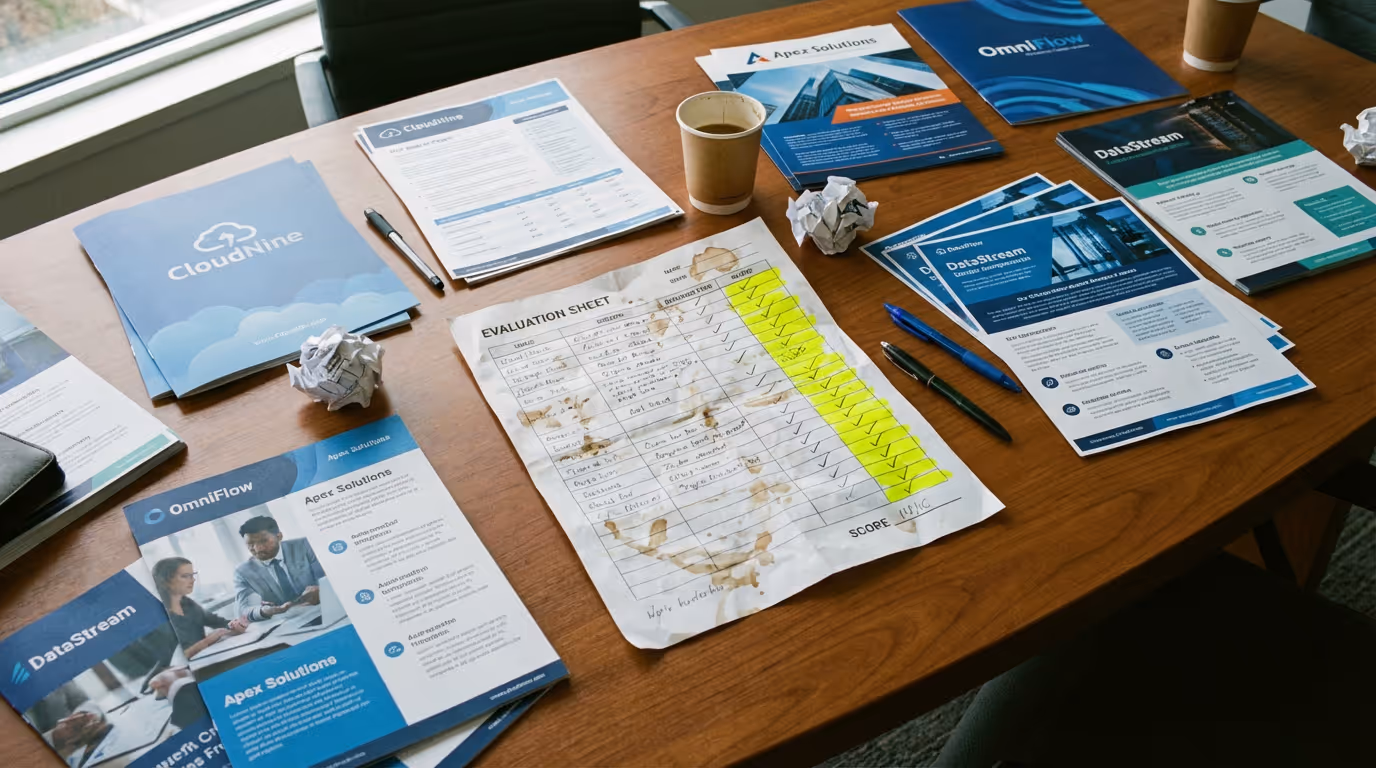 A vendor comparison station where brochures and one-pagers from different tools are spread across a table, with a heavily marked evaluation sheet in the middle, its key scoring column drenched in yellow highlighter.