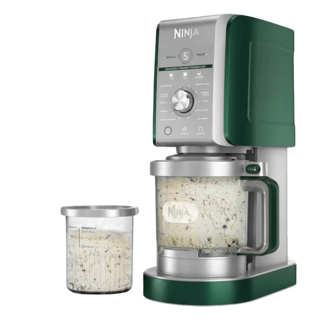 Black fitness tracker, green folded jacket with white earphones, and black massage gun labeled Theragun Prime.