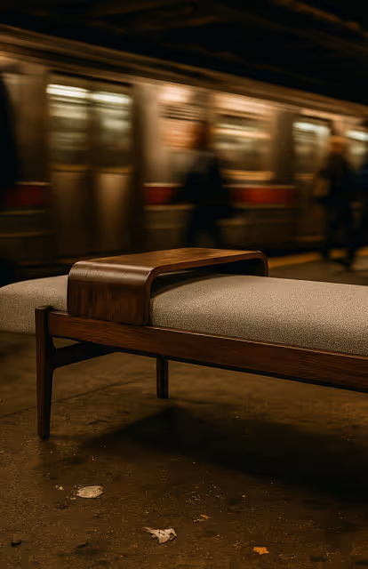 Blurred subway train passes behind midcentury bench at dimly lit station
