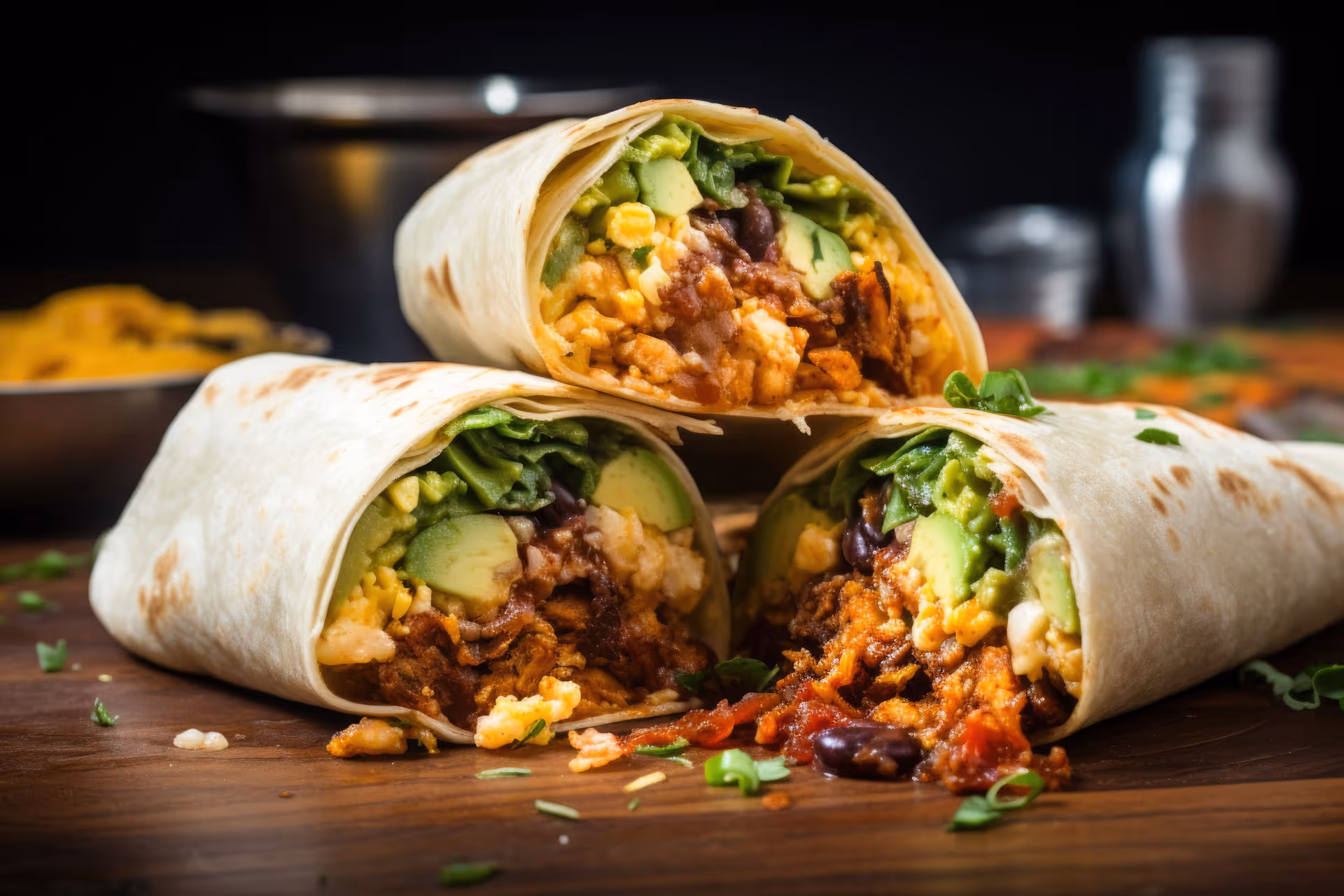 3 half burritos with beans, rice, avocado and hot sauce