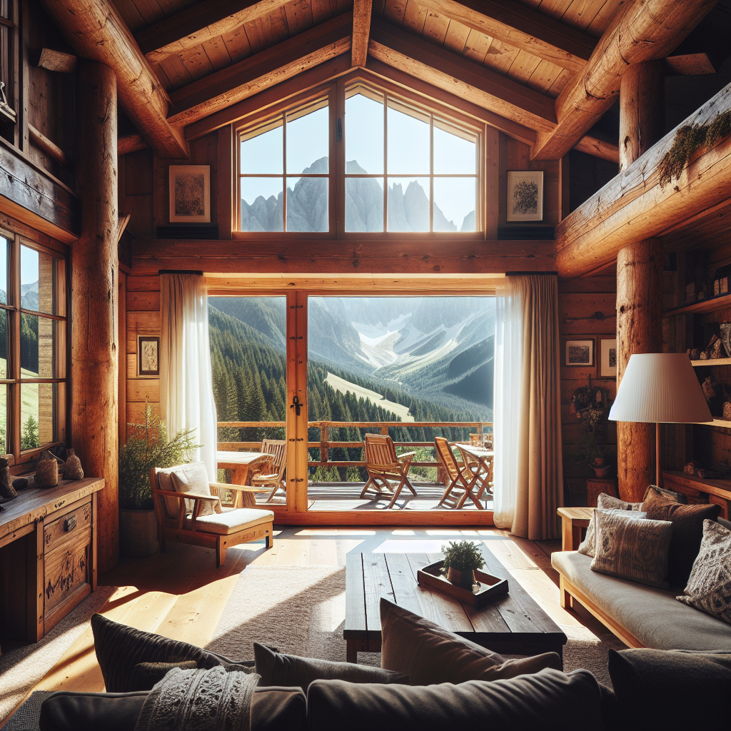 Appartement cosy à la montagne avec grande baie vitrée, lumière naturelle et décoration boisée, ambiance estivale