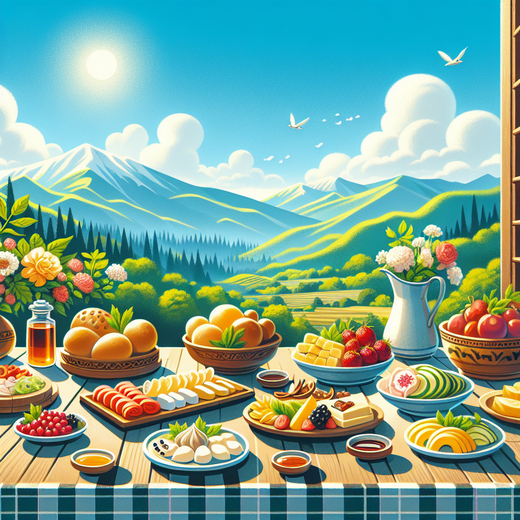 Spécialités locales sur une table en terrasse avec vue sur les montagnes en été, ambiance conviviale et ensoleillée