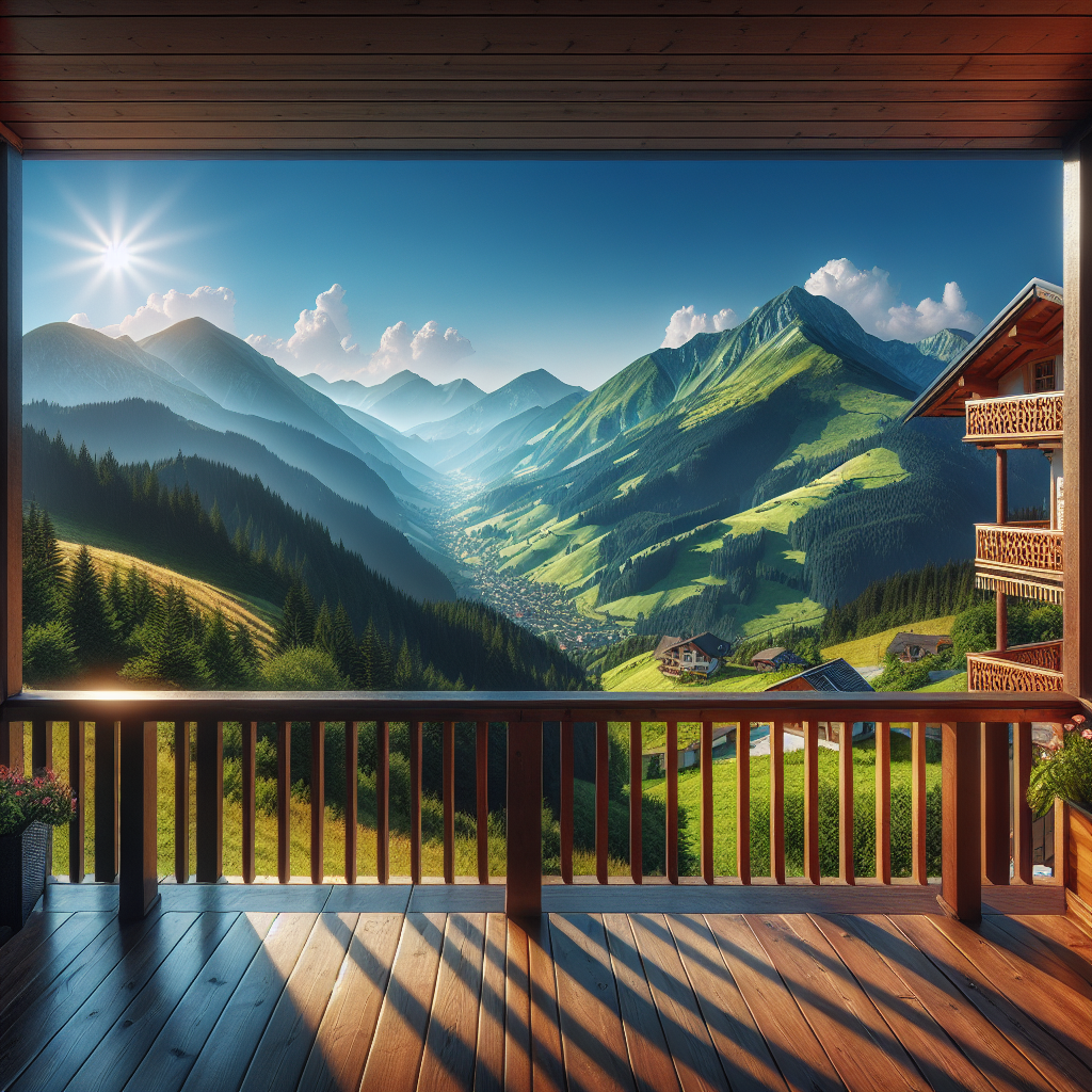 Vue panoramique d’un appartement de montagne en été, avec balcon en bois, montagnes verdoyantes et ciel bleu en arrière-plan