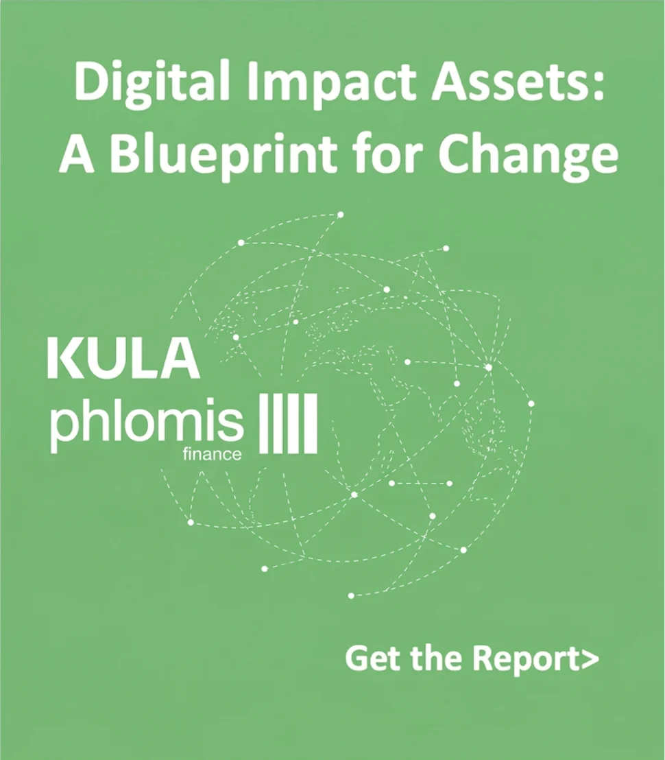 Green background with white text: Digital Impact Assets: A Blueprint for Change, KULA phlomis finance logo, and Get the Report prompt with a globe network graphic.