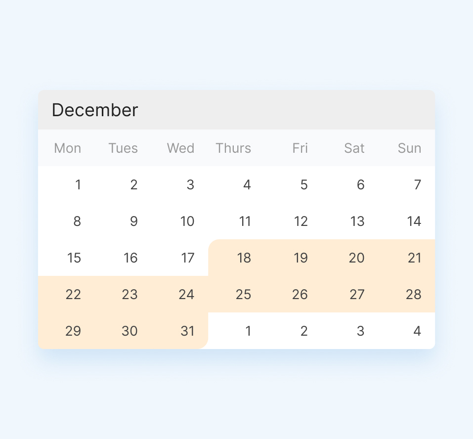 December calendar with dates that are most active highlighted 