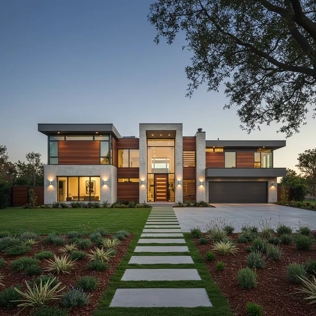Modern two-story house with large windows, wood and concrete exterior, landscaped front yard, and a stone pathway leading to the entrance.