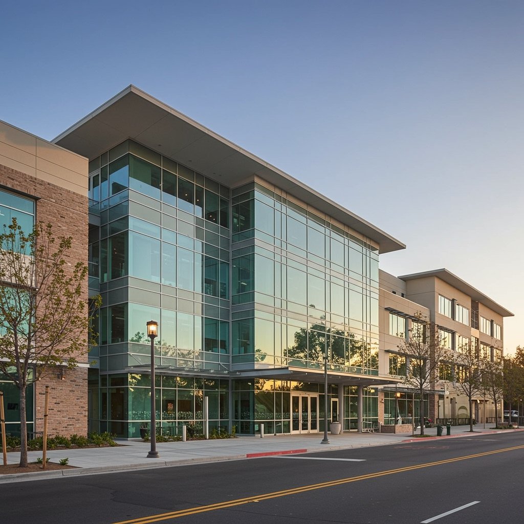 Modern commercial office building with glass windows, palm trees, and outdoor seating on a sunny day.