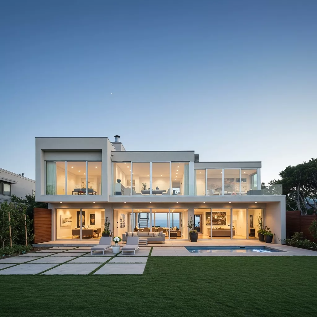Modern two-story house with large windows, wood and concrete exterior, landscaped front yard, and a stone pathway leading to the entrance.