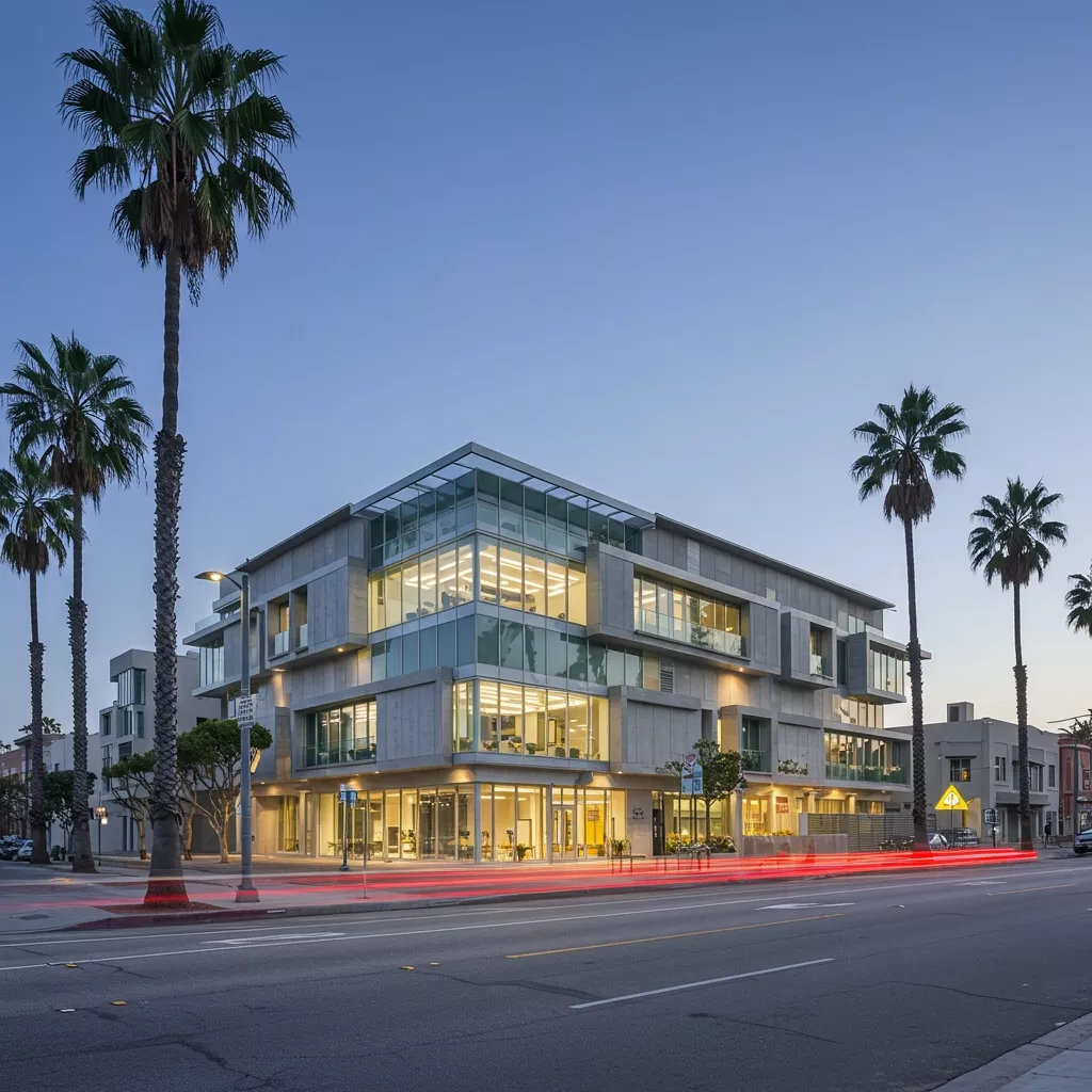 Modern commercial office building with glass windows, palm trees, and outdoor seating on a sunny day.