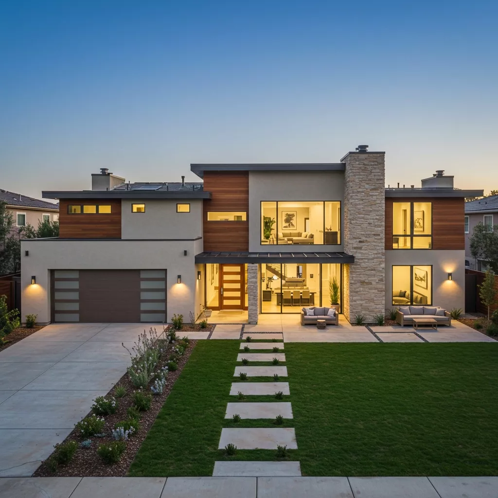 Modern two-story house with large windows, wood and concrete exterior, landscaped front yard, and a stone pathway leading to the entrance.
