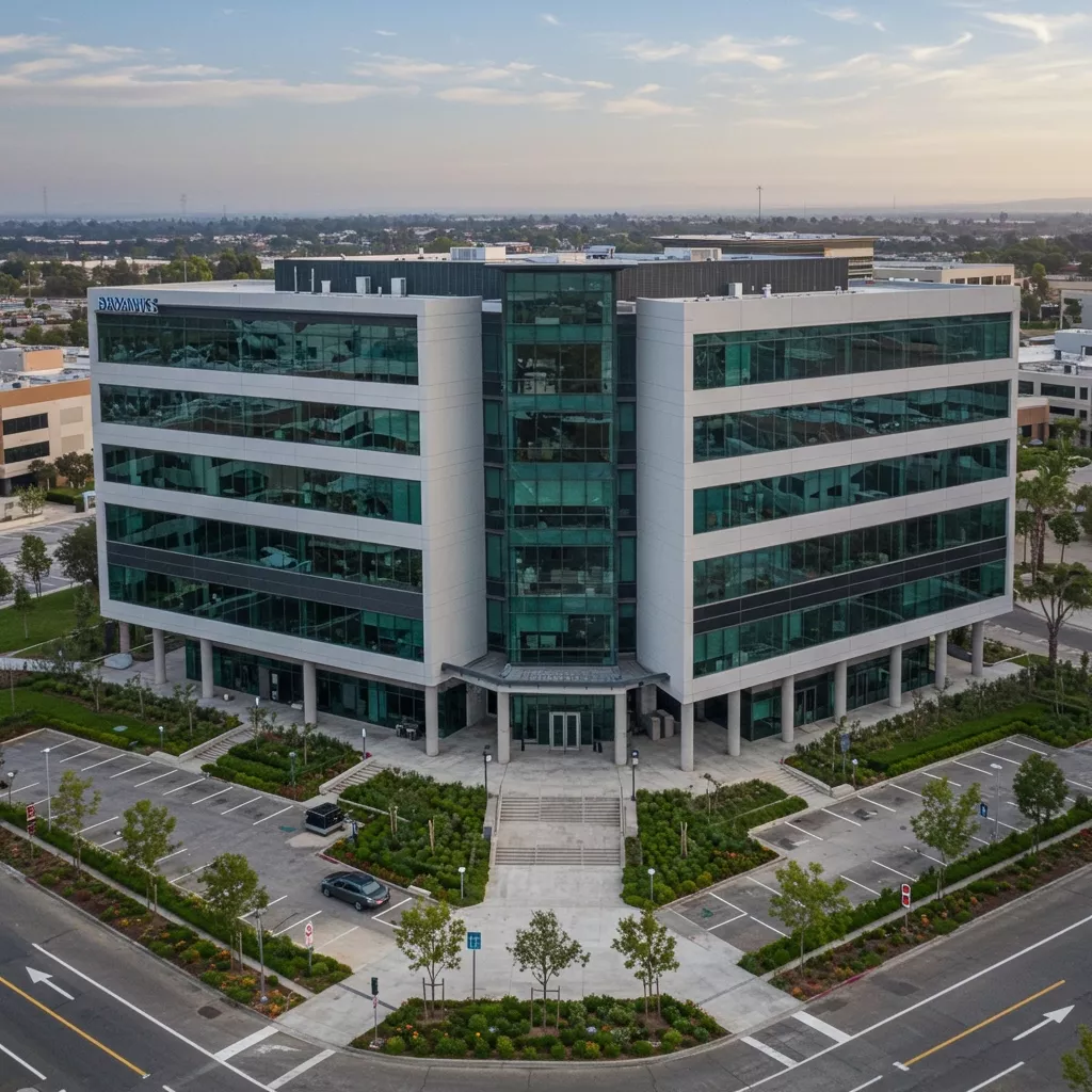 Modern commercial office building with glass windows, palm trees, and outdoor seating on a sunny day.