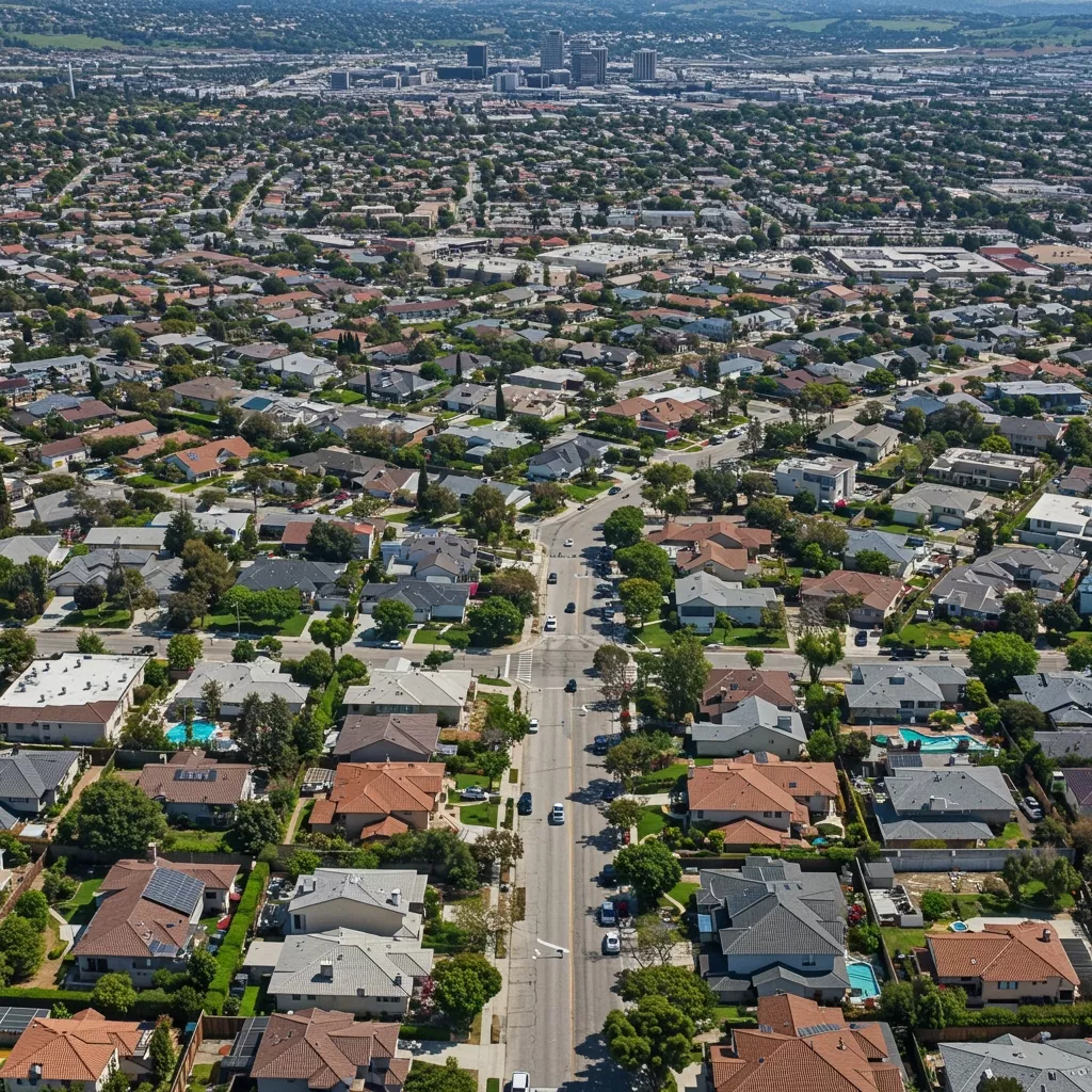 Aerial view of a crowded sandy beach with turquoise ocean waves, rocky coastline, and houses on a hillside in a coastal town.