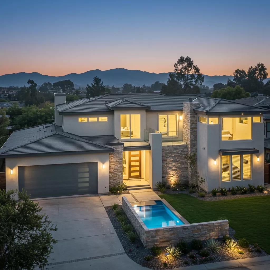 Modern two-story house with large windows, wood and concrete exterior, landscaped front yard, and a stone pathway leading to the entrance.