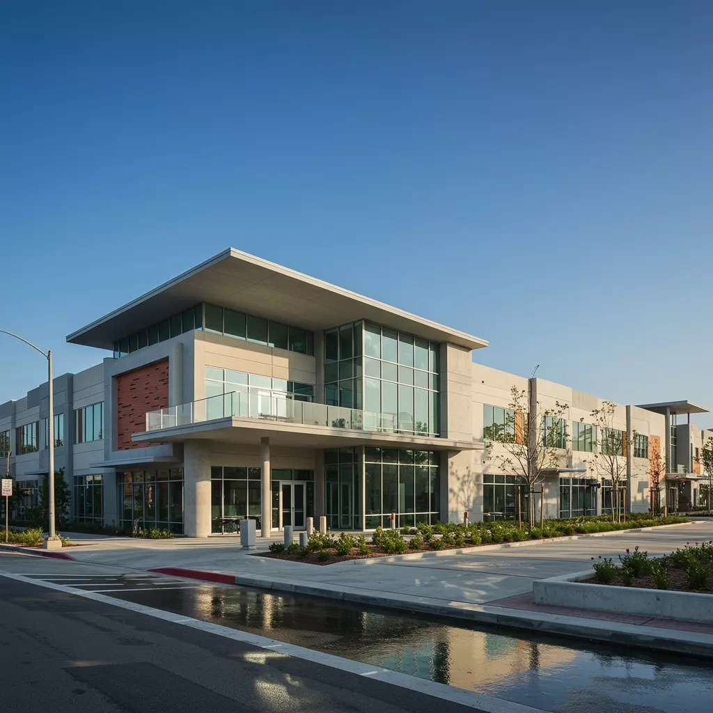 Modern commercial office building with glass windows, palm trees, and outdoor seating on a sunny day.