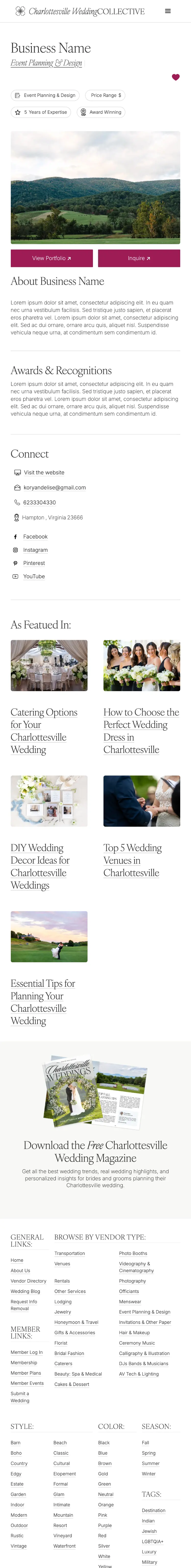 Website of a farm showcasing its event hosting services, contact information, and featured services.