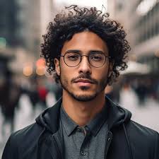 A person with curly hair and glasses stands on a busy city street.