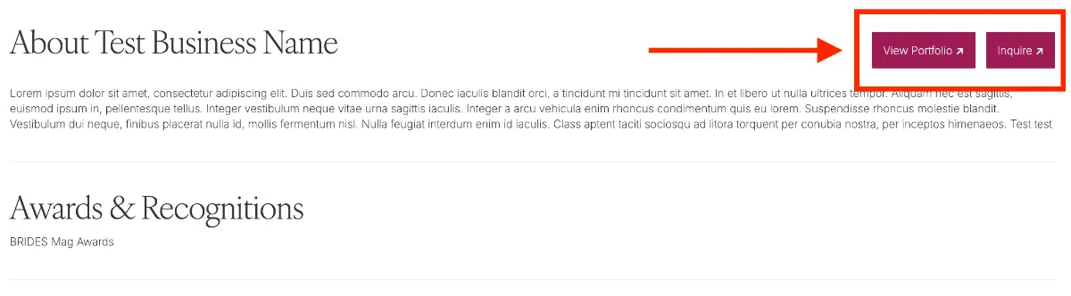 Webpage section with buttons labeled "View Portfolio" and "Inquire" on the right side.