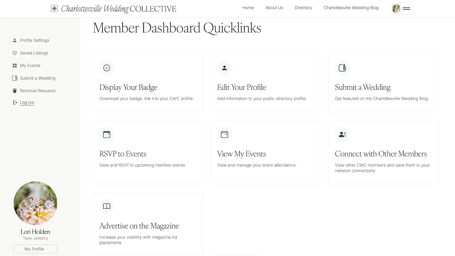 Screenshot of a membership dashboard with options to edit profile, submit a wedding, and RSVP to events.