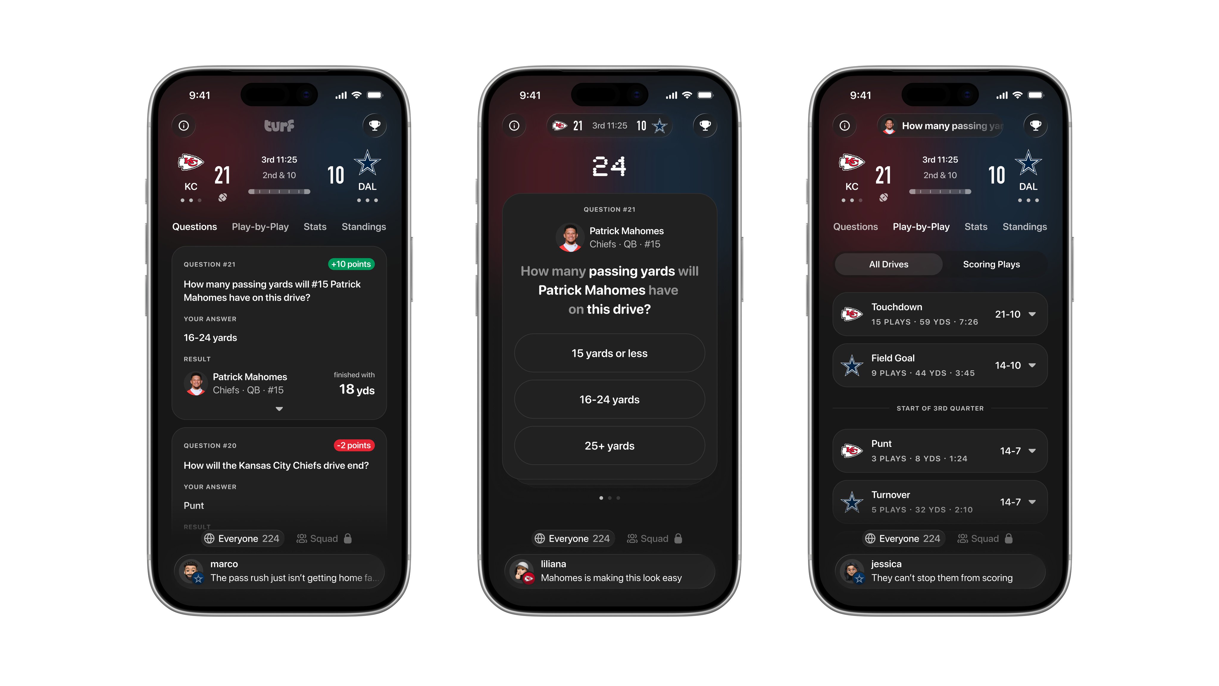 Three smartphones displaying a sports app with live scores, player stats, trivia questions, and play-by-play updates for a Kansas City vs Dallas football game.