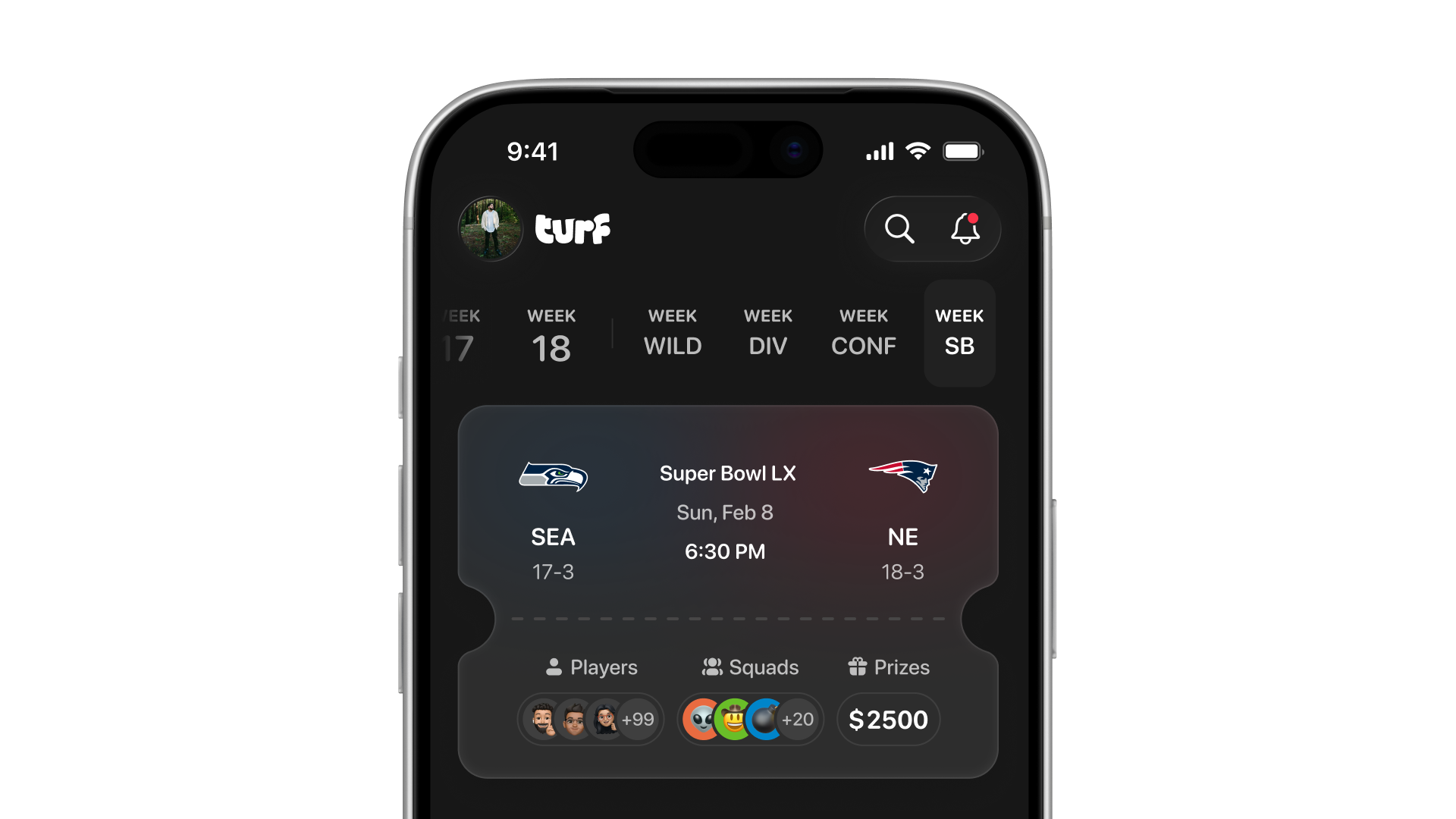 Smartphone screen showing Turf app matchup between Seattle and New England on Sunday, Feb 8 at 6:30 PM, with players, squads, and $2500 prizes indicated.