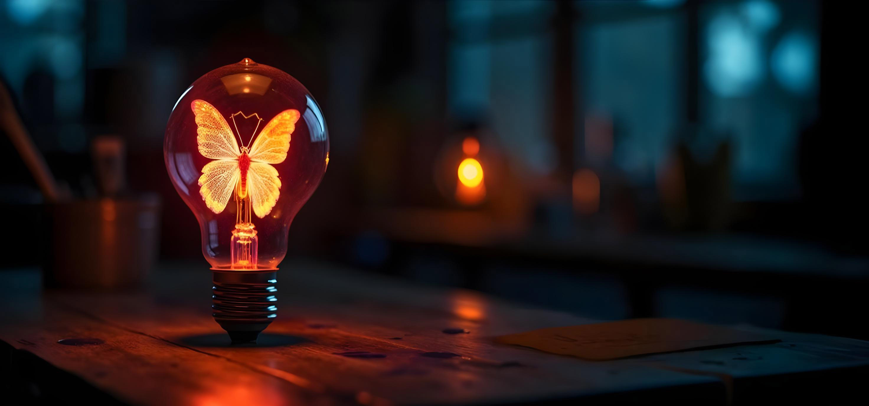 A lightbulb with a butterfly inside illuminated with a bright light