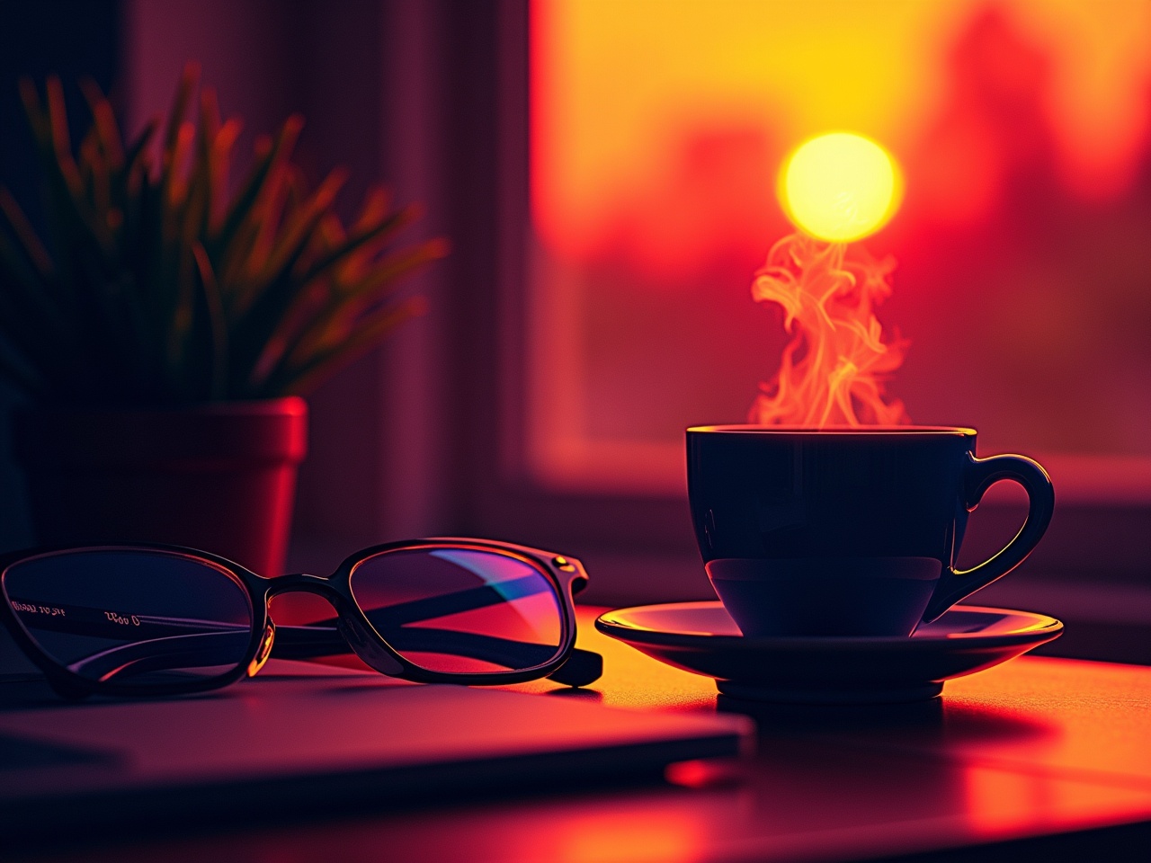 A photo image of a cup of coffee sitting by a window in the morning as the sun rises