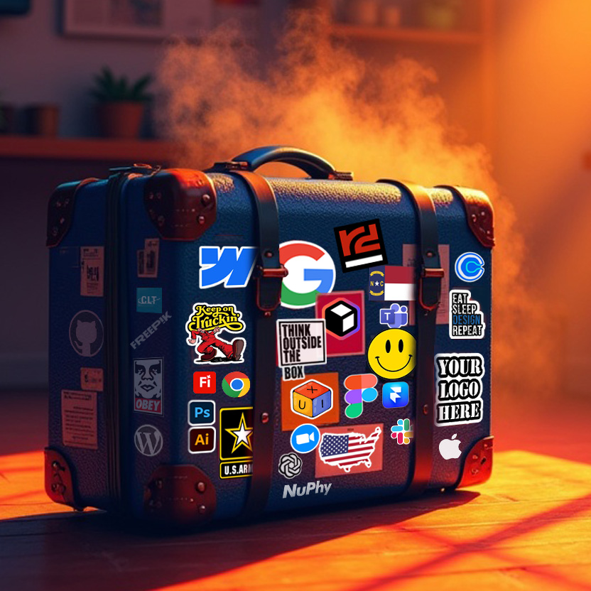 Colorful suitcase covered in playful travel stickers, sitting on an orange backdrop