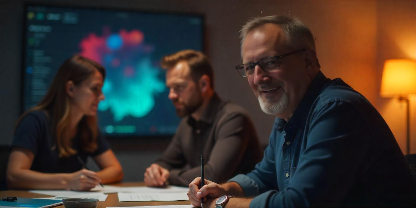 A team gathered around a office table in a meeting