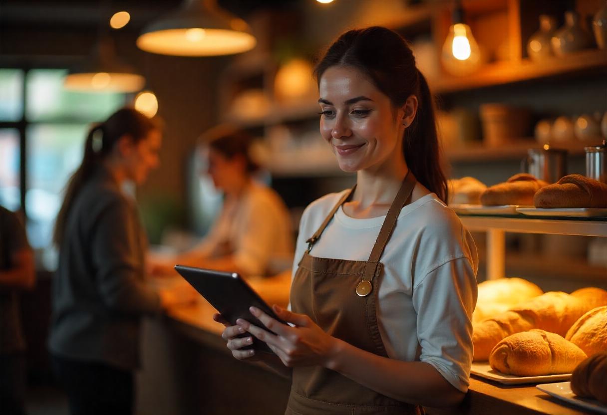 A small business owner smiling as she looks at her tablet