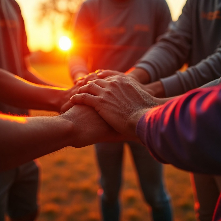 A small team outside during the sunrise joining hands together in a circle