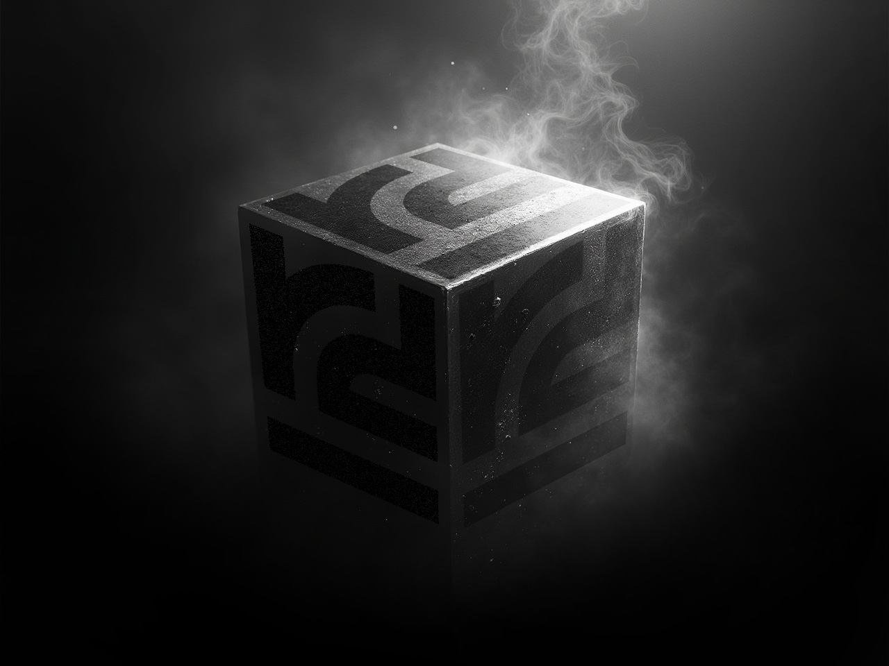A dark black and white illustration of a cube with respun digital logo on all sides