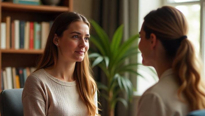 Person in therapy for OCD, facing eye contact fears with support