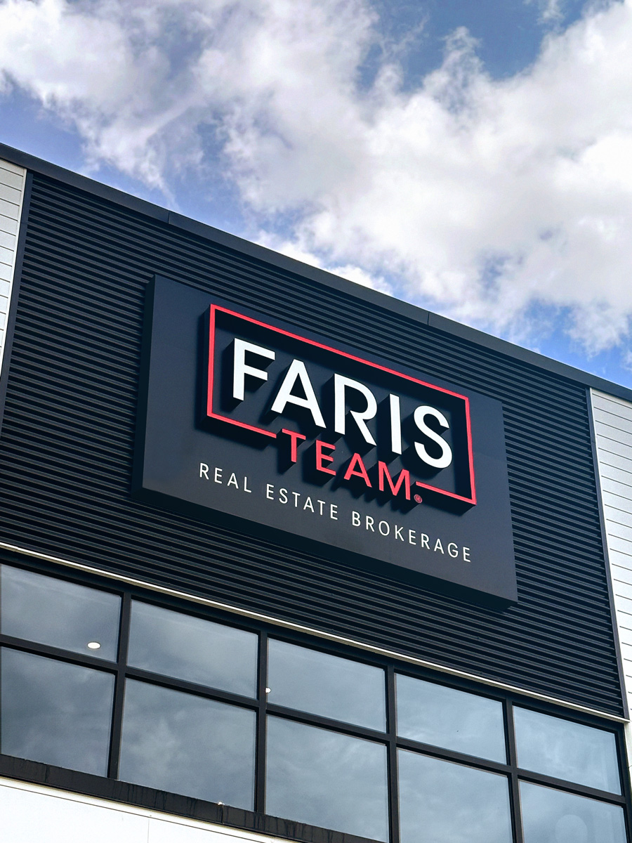 Marketing showcase featuring the Faris Team office exterior.