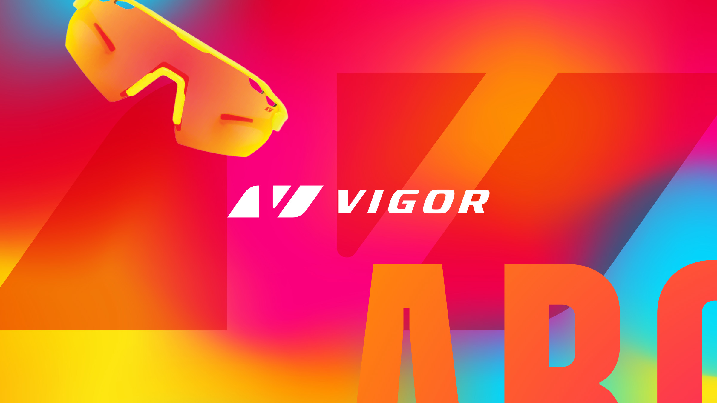 Bright yellow visor sunglasses on a colourful gradient and the logo for Vigor.