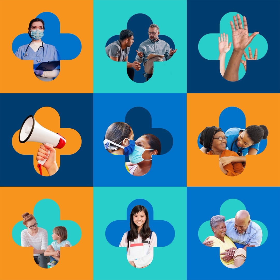 A collage of various images cropped within a medical cross.