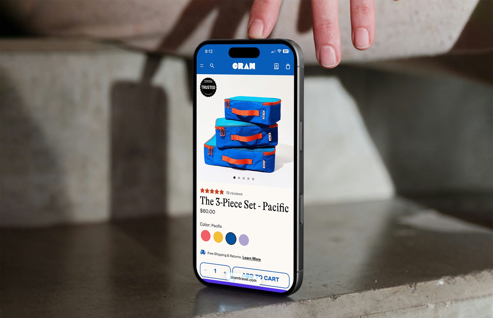 Mobile product page of the Cram Travel Shopify store