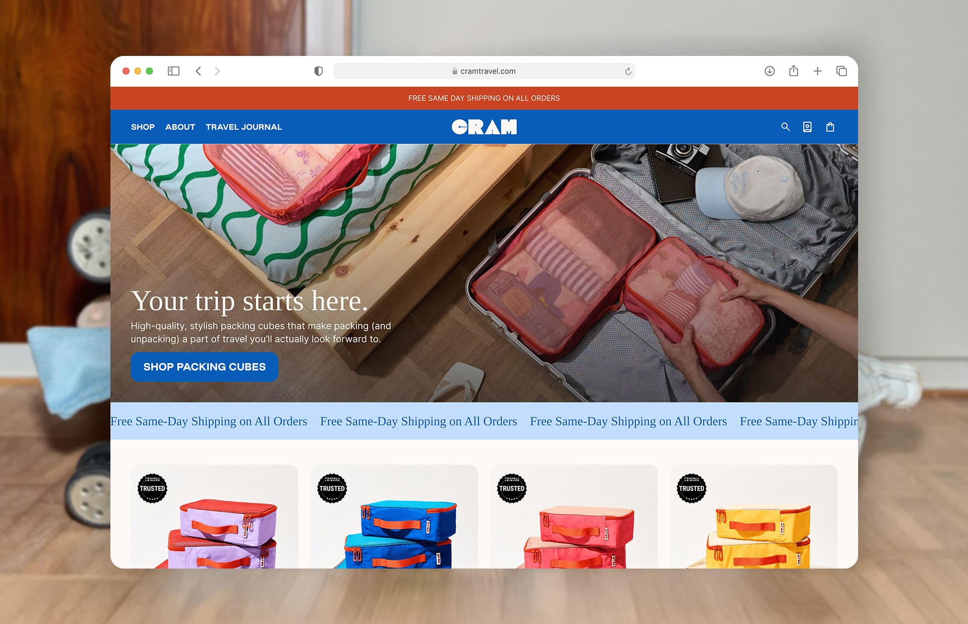 Desktop homepage of the Cram Travel Shopify store