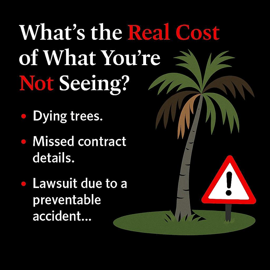 What’s the Real Cost of What You’re Not Seeing? demonstrated by a dying palm tree in Florida long with a caution sign