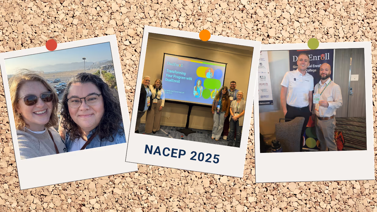 Design of a cork board with three polaroid pictures pinned to it showing the DualEnroll team at NACEP.