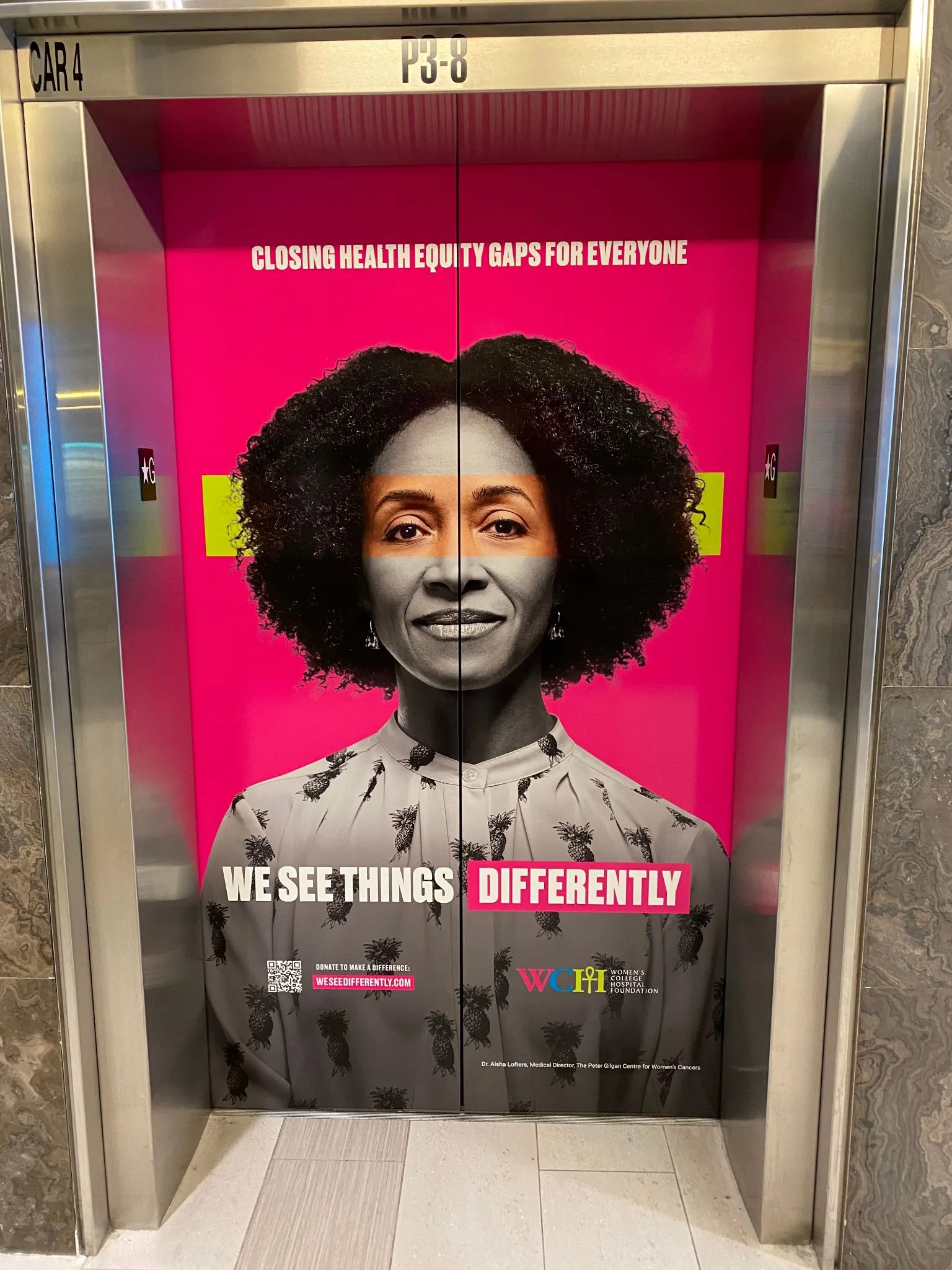 Custom 3M vinyl elevator wrap installation at Women’s College Hospital in Toronto