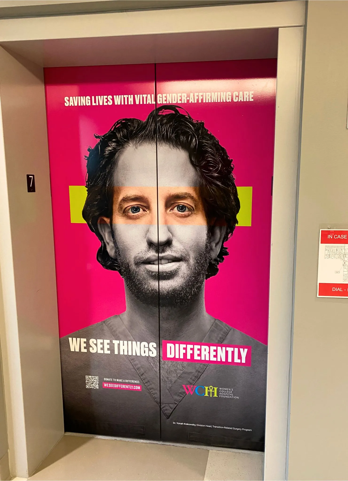 Close-up of elevator door graphics with scratch-resistant laminate finish