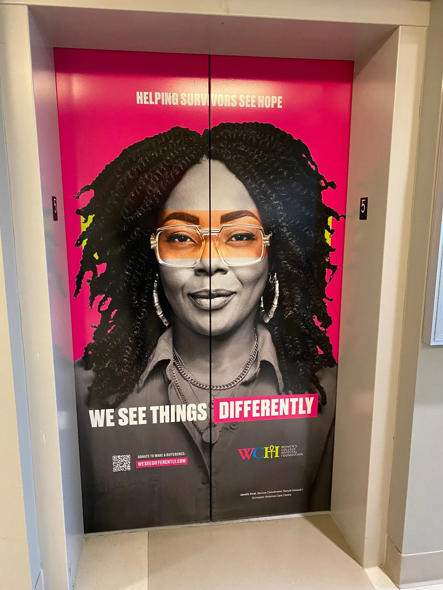 Custom 3M vinyl elevator wrap installation at Women’s College Hospital in Toronto