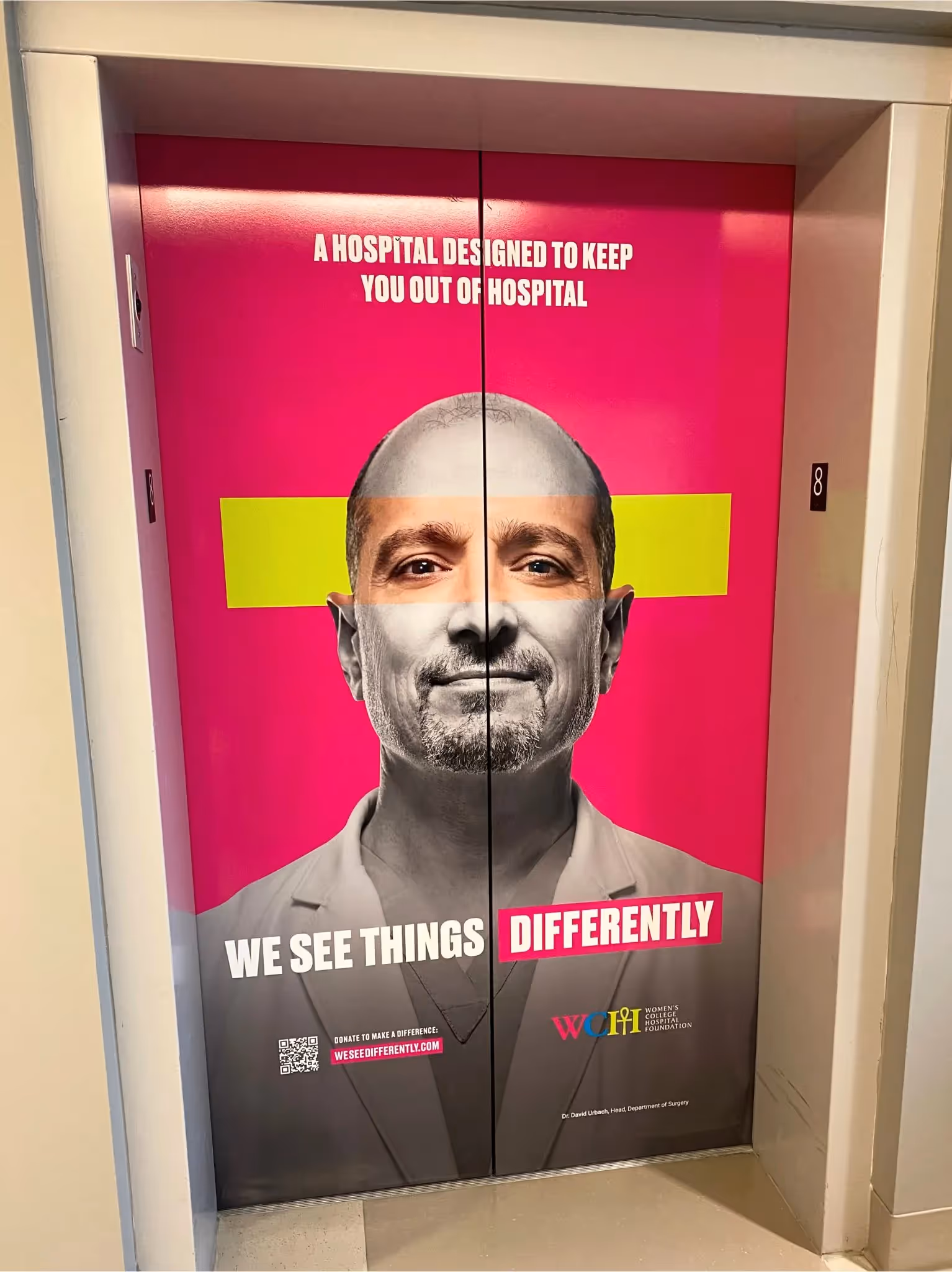 Large format printing installation of elevator wraps in a hospital setting