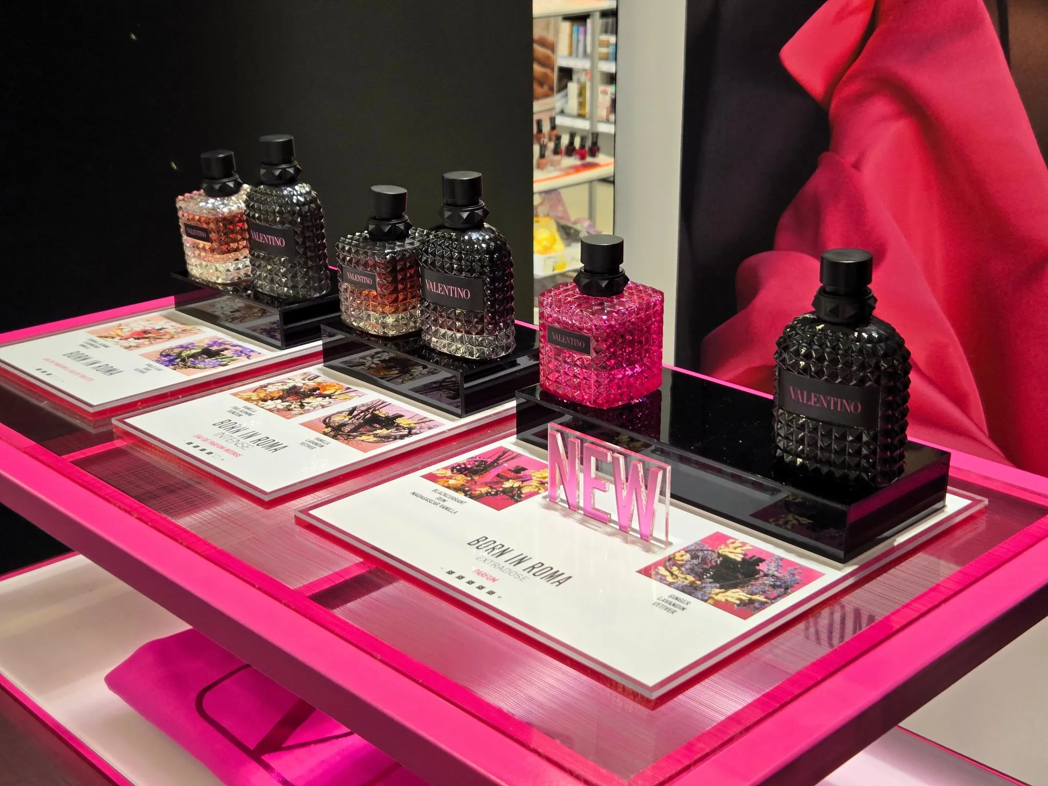 Branded visual merchandising for Valentino pop-up at Shoppers Drug Mart