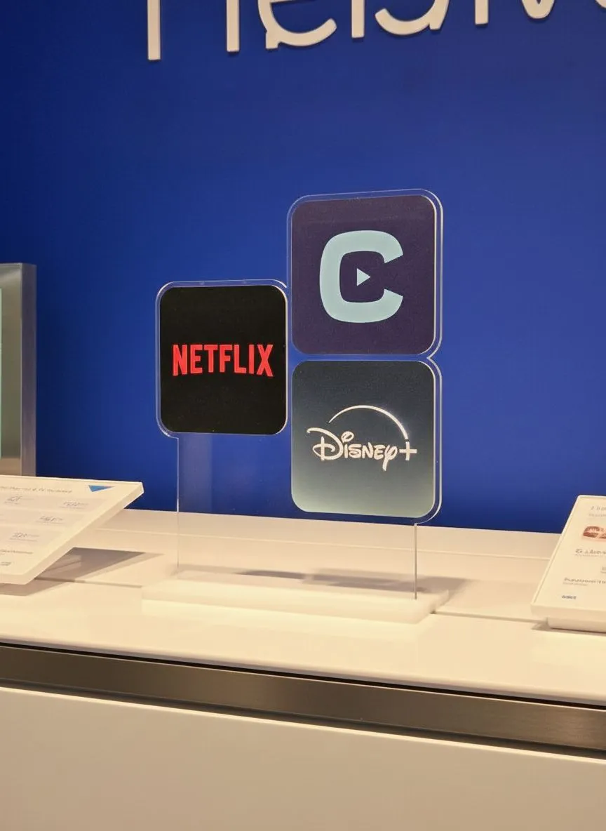 Bell Streaming Bundle Acrylic Display: custom double-sided acrylic displays for national retail rollout with precision printing.