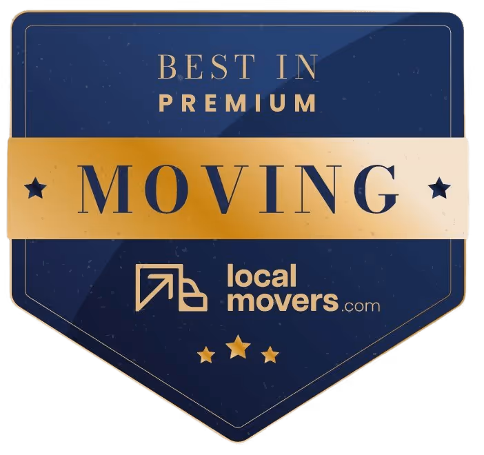 Blue and gold badge reading 'Best in Premium Moving' with localmovers.com logo and three gold stars.