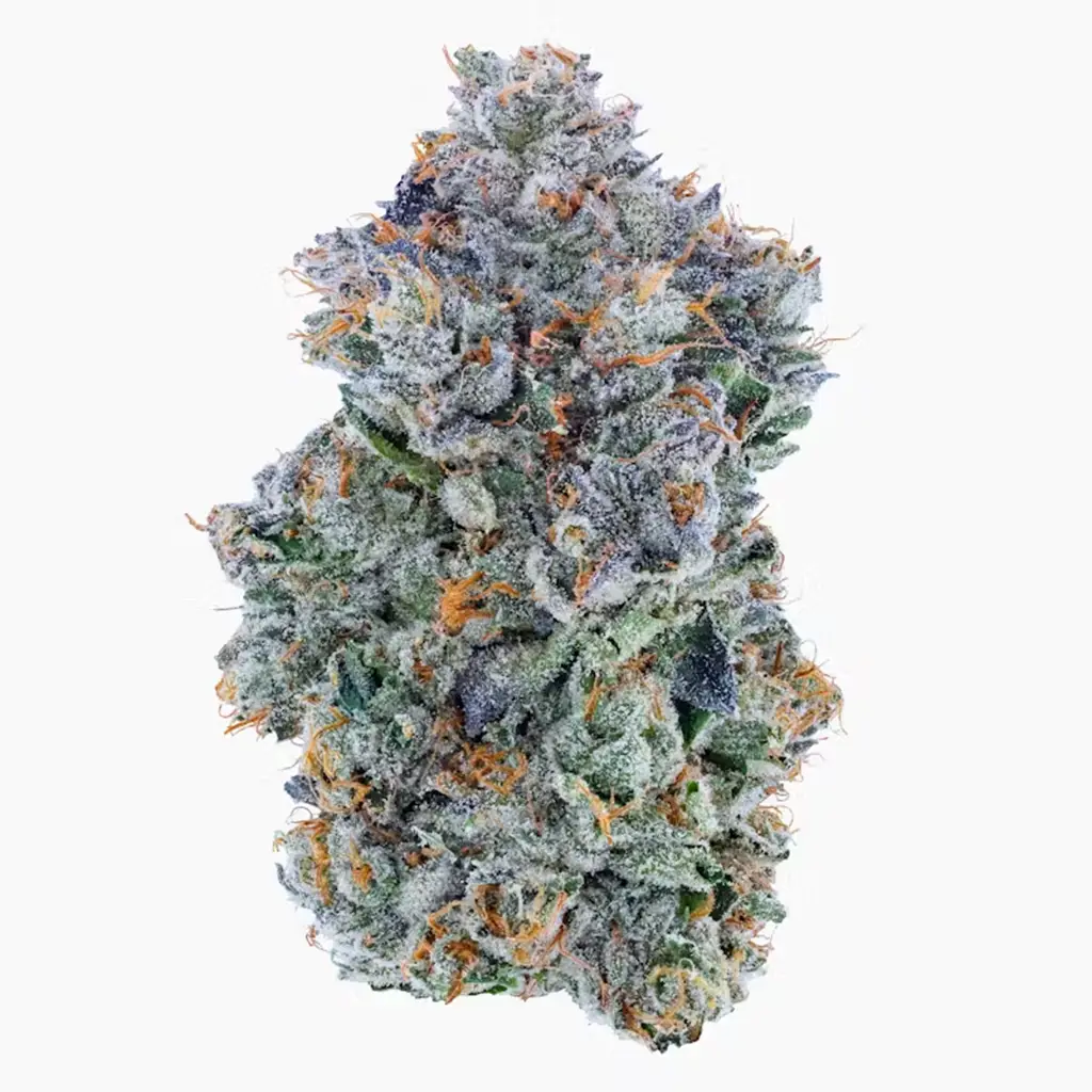 Compact cannabis flower with sticky resin crystals.