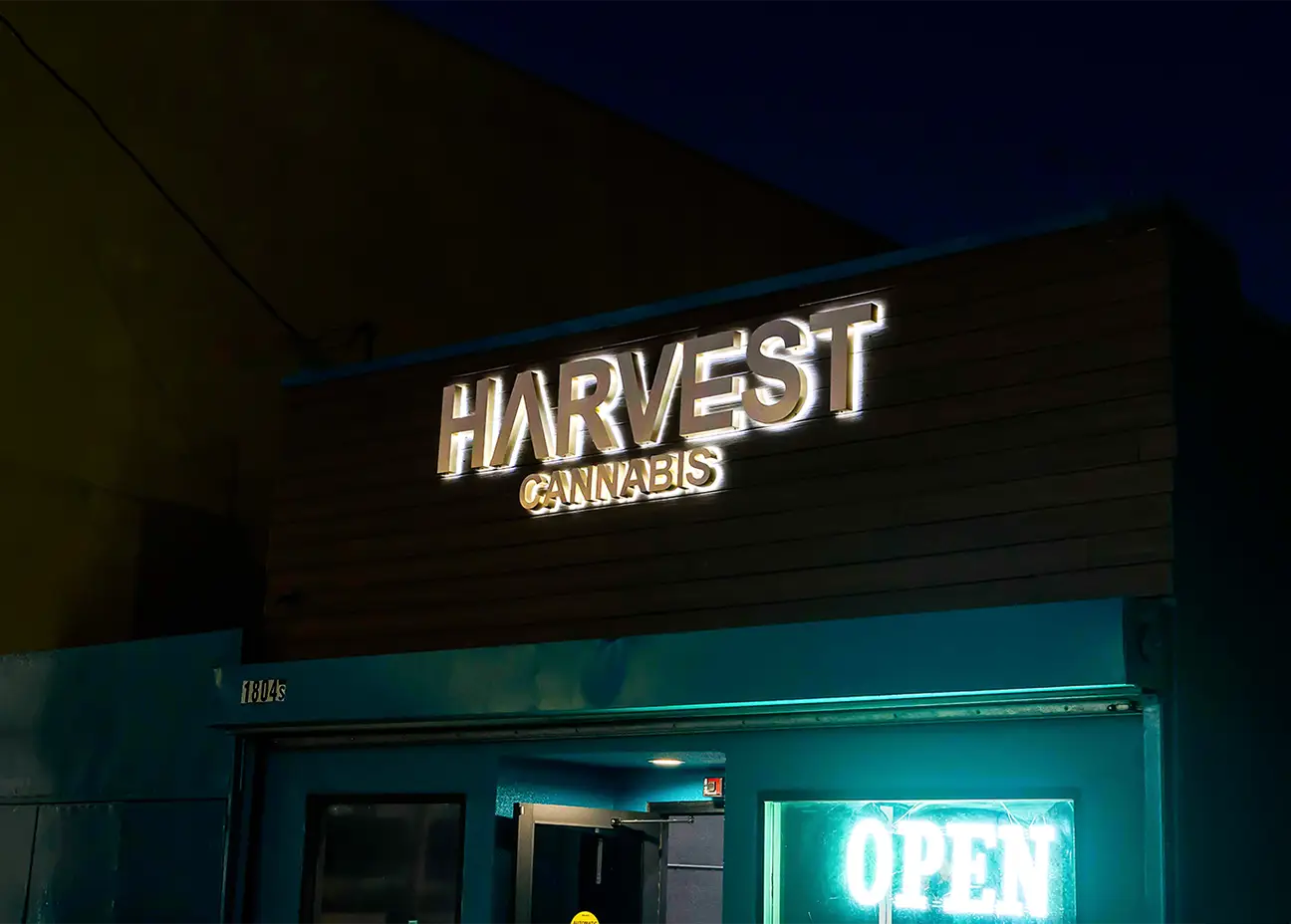 Store sign of Harvest Cannabis dispensary in San Pedro, California, 90731.
